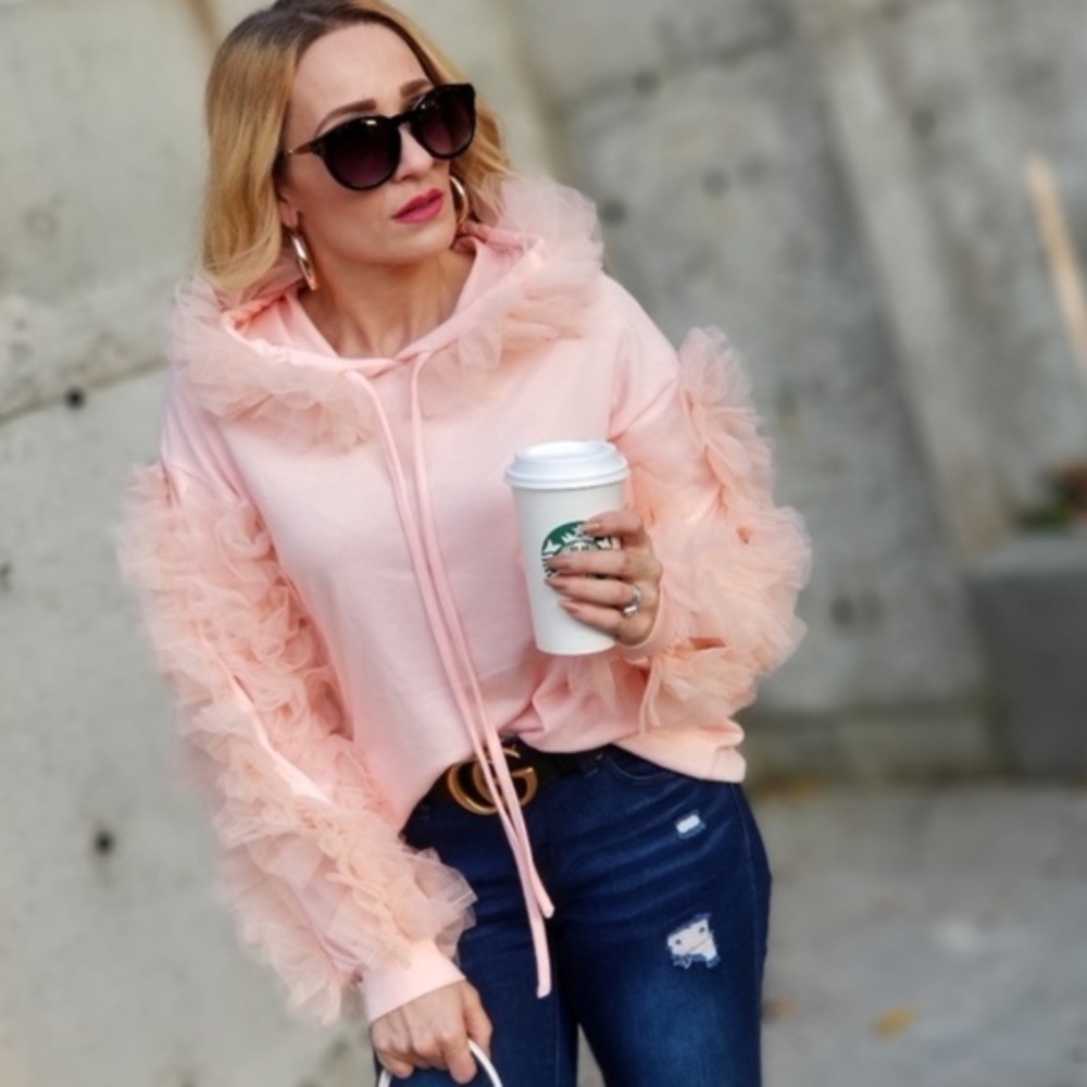 TOP RUFFLE HOODIE Blush Pink - Picture 1 of 4
